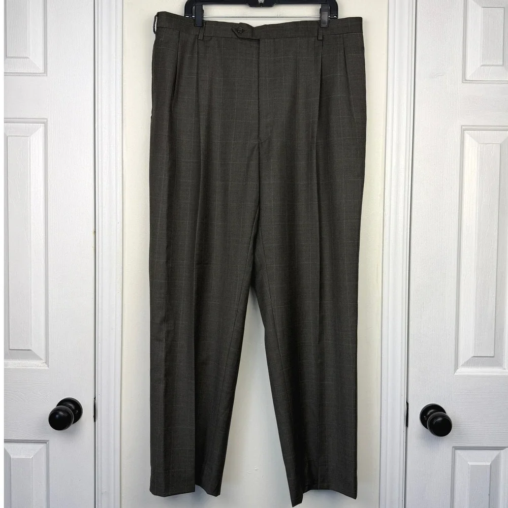 Jos. A. Bank 2-Piece Suit Mens 46L 37x31 100% Wool WINDOWPANE Charcoal Grey